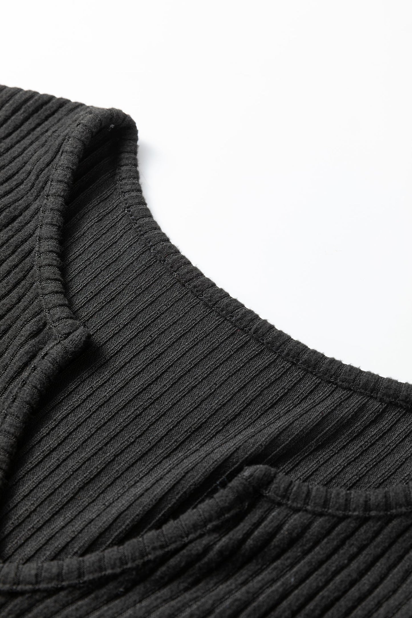Black Ribbed Notched Neck Knit Long Sleeve Leggings Two Pieces Lounge Set