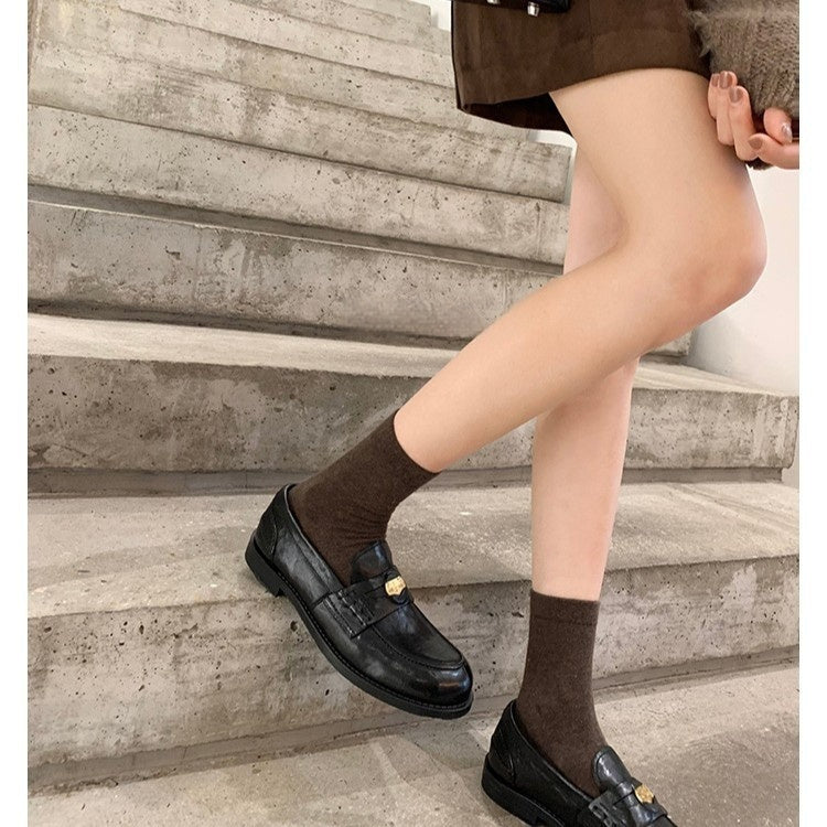Women's Gold Coin Loafers – British-Style Round Toe Leather Slip-On Flats