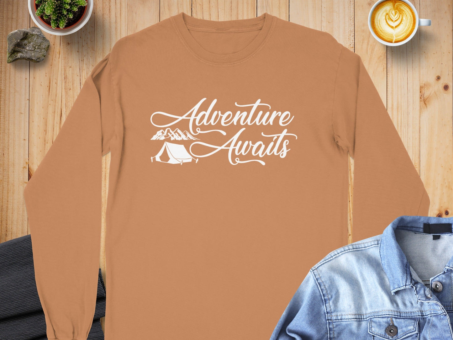 Adventure Awaits Featuring Tent and Mountains Long Sleeve T-Shirt