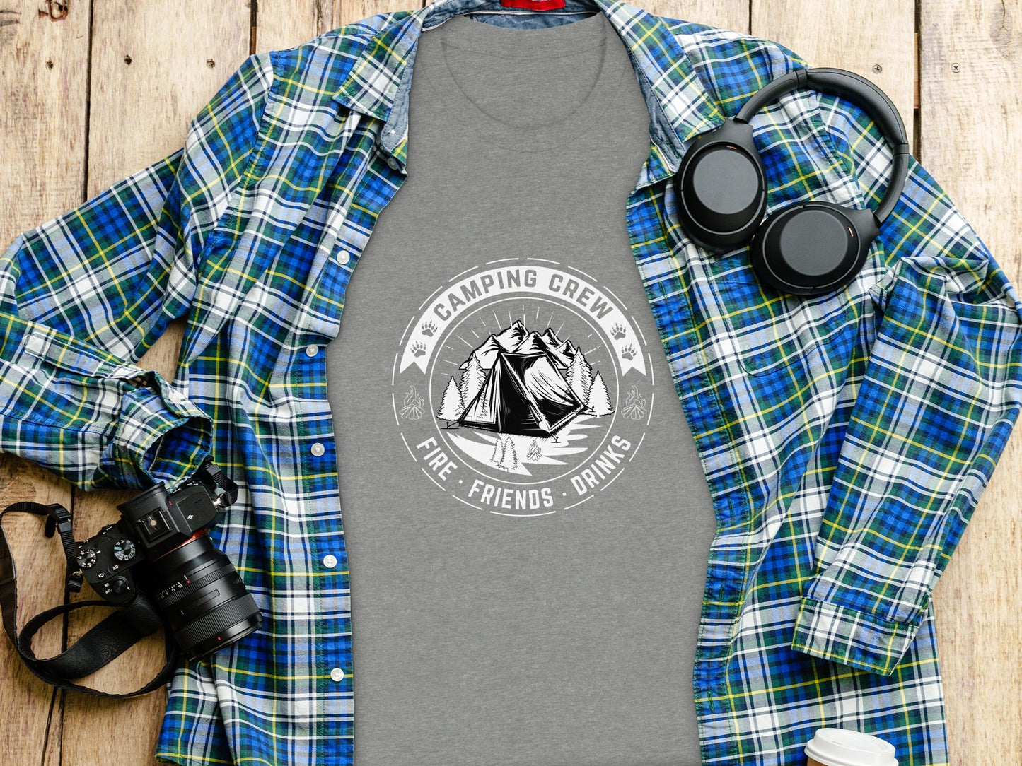 Camping Crew Friends Drinks Fire Tent Mountain Scene T-Shirt