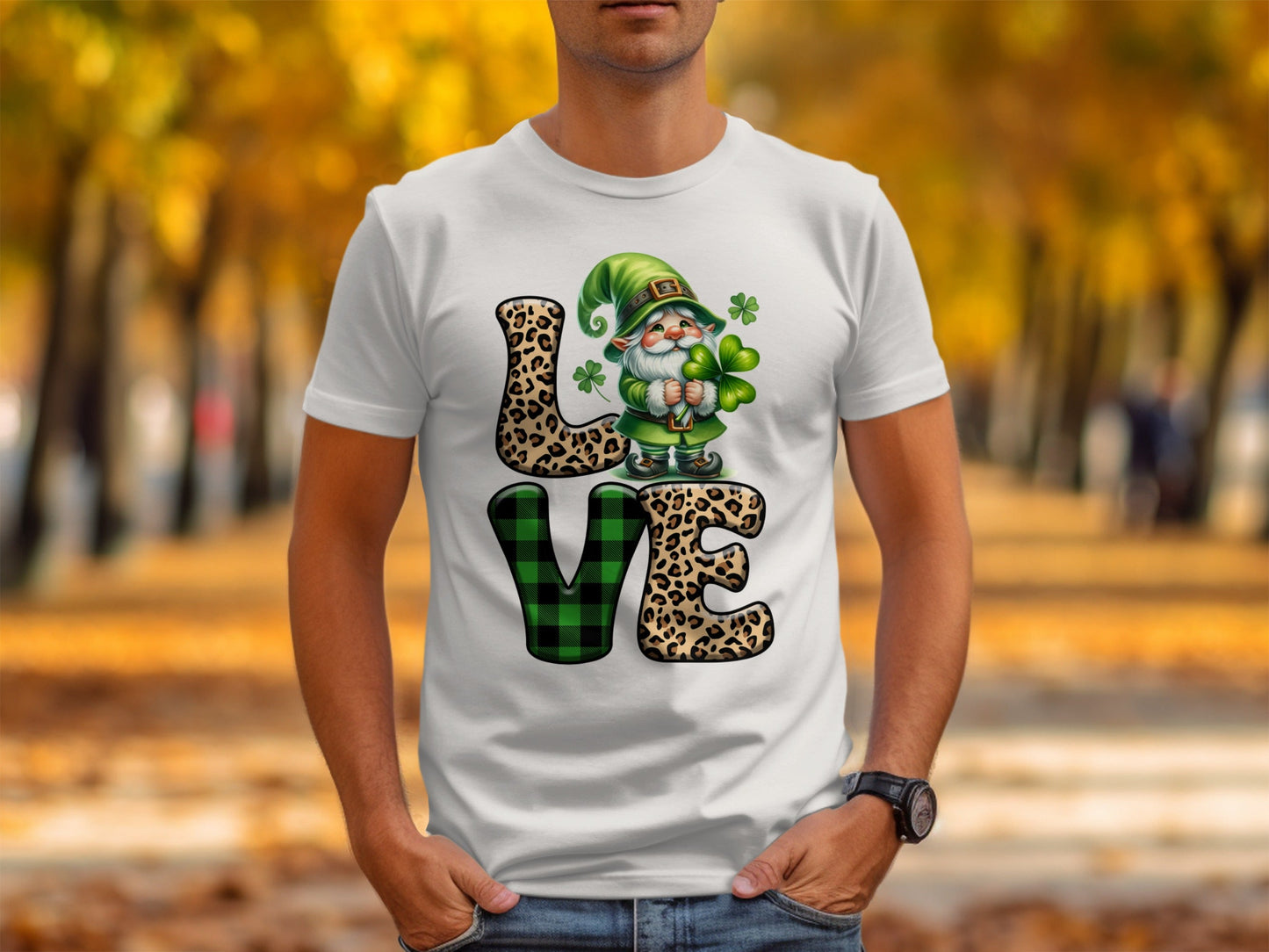 St Patricks Day Gnome T-Shirts, Leopard Print LOVE, Lucky Clover T-Shirts, Irish T-Shirts, Green Plaid T-Shirts, Unique St Paddys Day