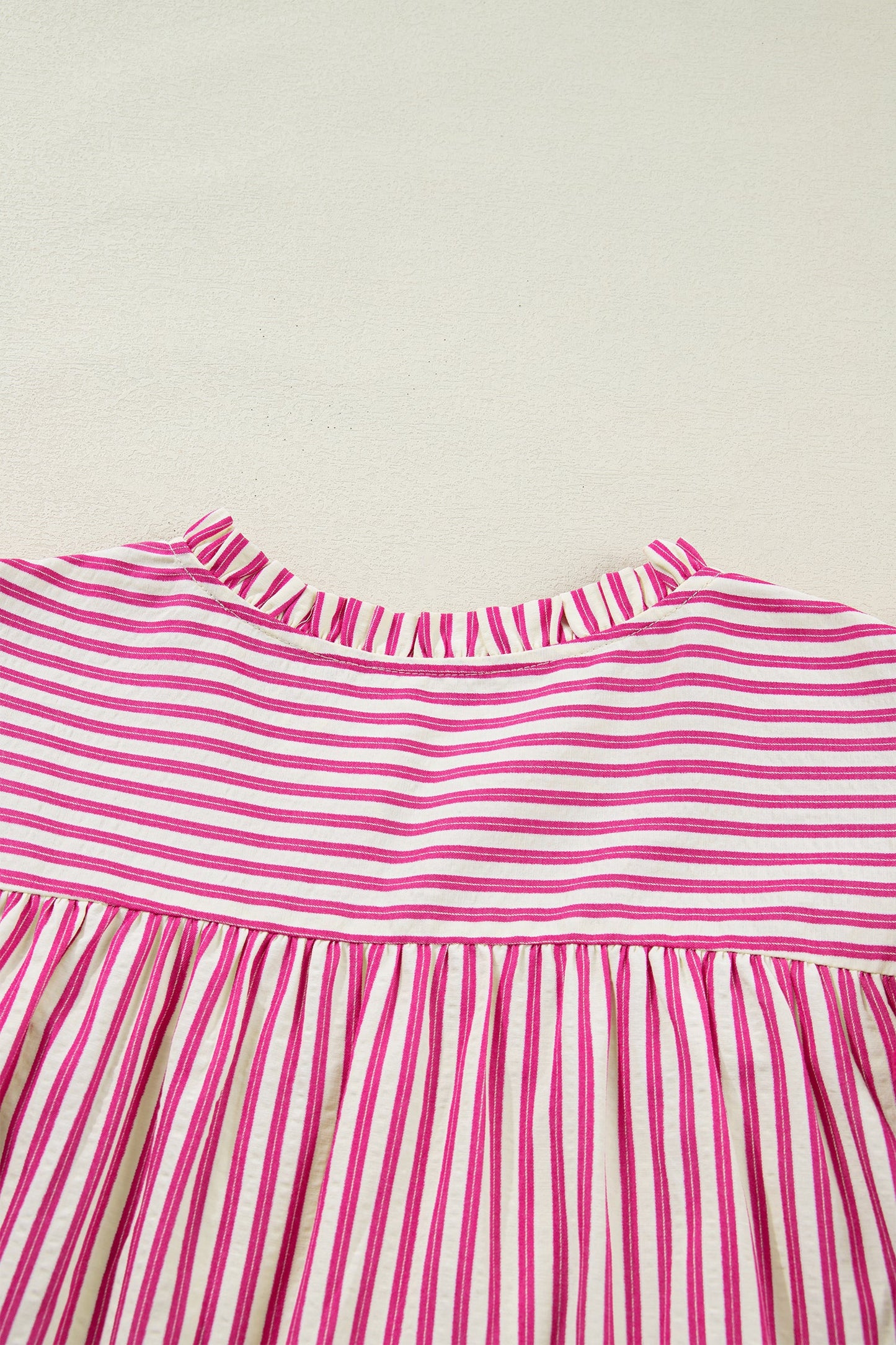 Rose Stripe Shirred Yoke Ruffled Short Sleeve Blouse