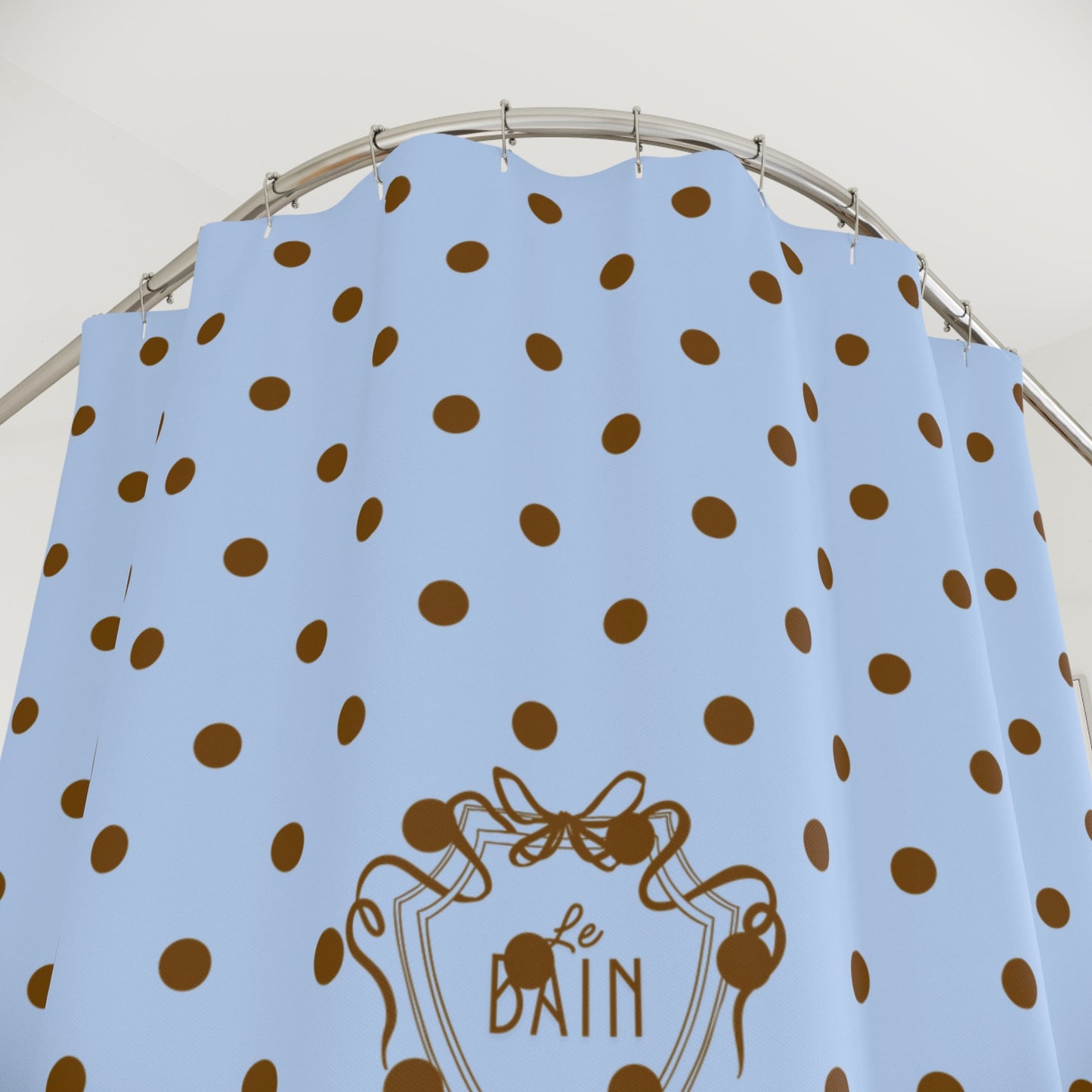 Polka Dot 'Le Bain' Shower Curtain – Pastel Blue & Brown Bathroom Decor