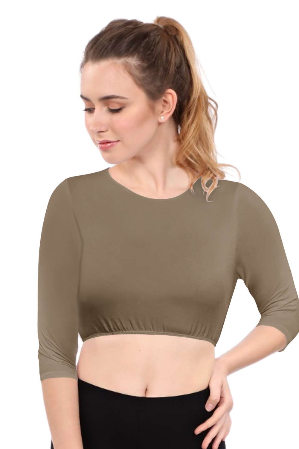 Modest Neck Cropped Layering - Cotton Spandex 3/4 Sleeve Shell Top