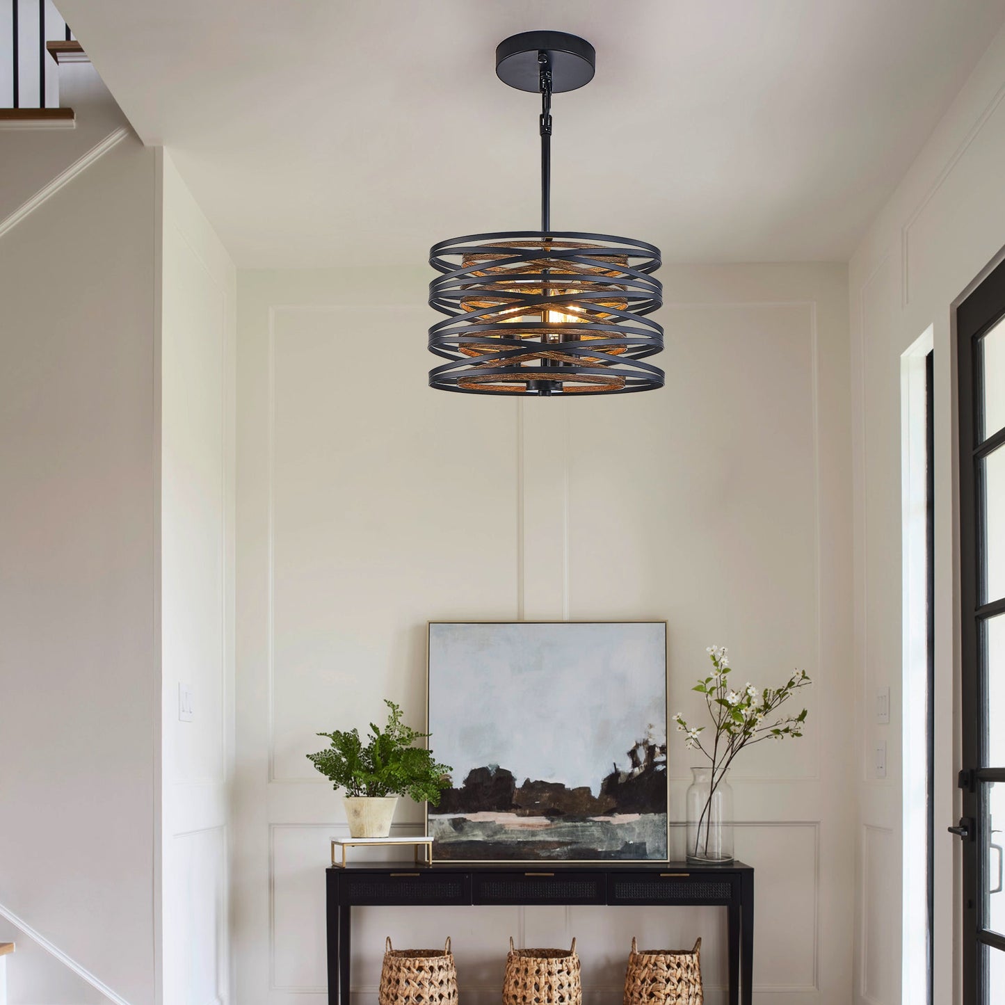13" Rustic Industrial Pendant Light, 3-Light Black and Walnut Metal Cage Chandelier with Wood Accents