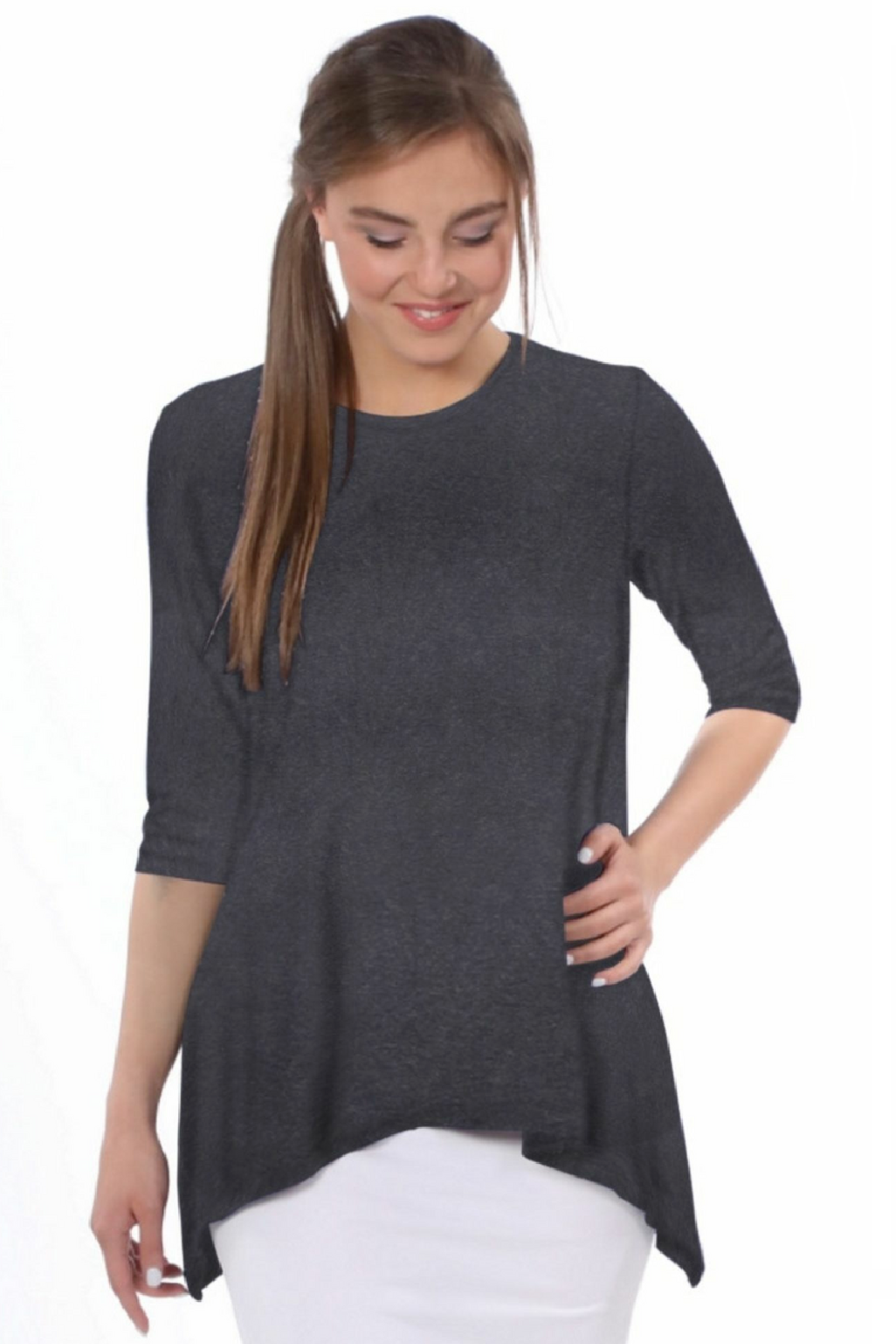 Modest Handkerchief Tunic Top - 3/4 Sleeve Comfort Flow Design - Solid Colors