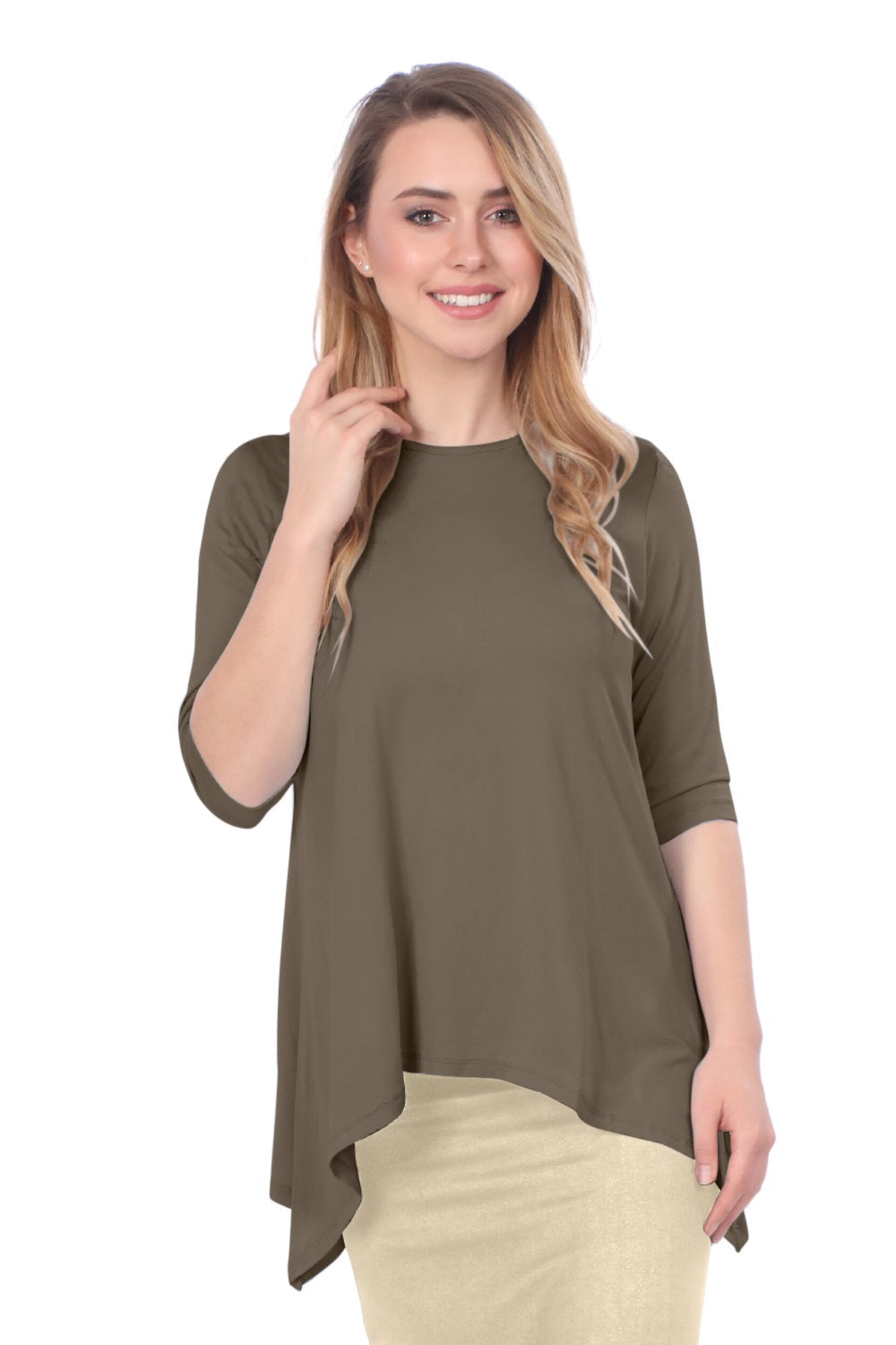 Modest Handkerchief Tunic Top - 3/4 Sleeve Comfort Flow Design - Solid Colors