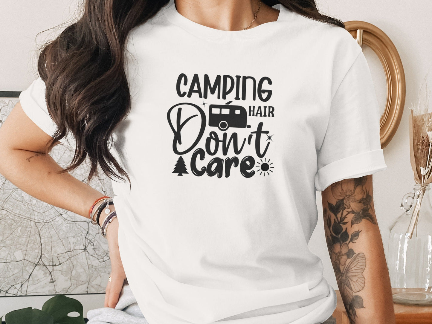 Camping Hair Dont Care Graphic Design Vacation T-Shirt