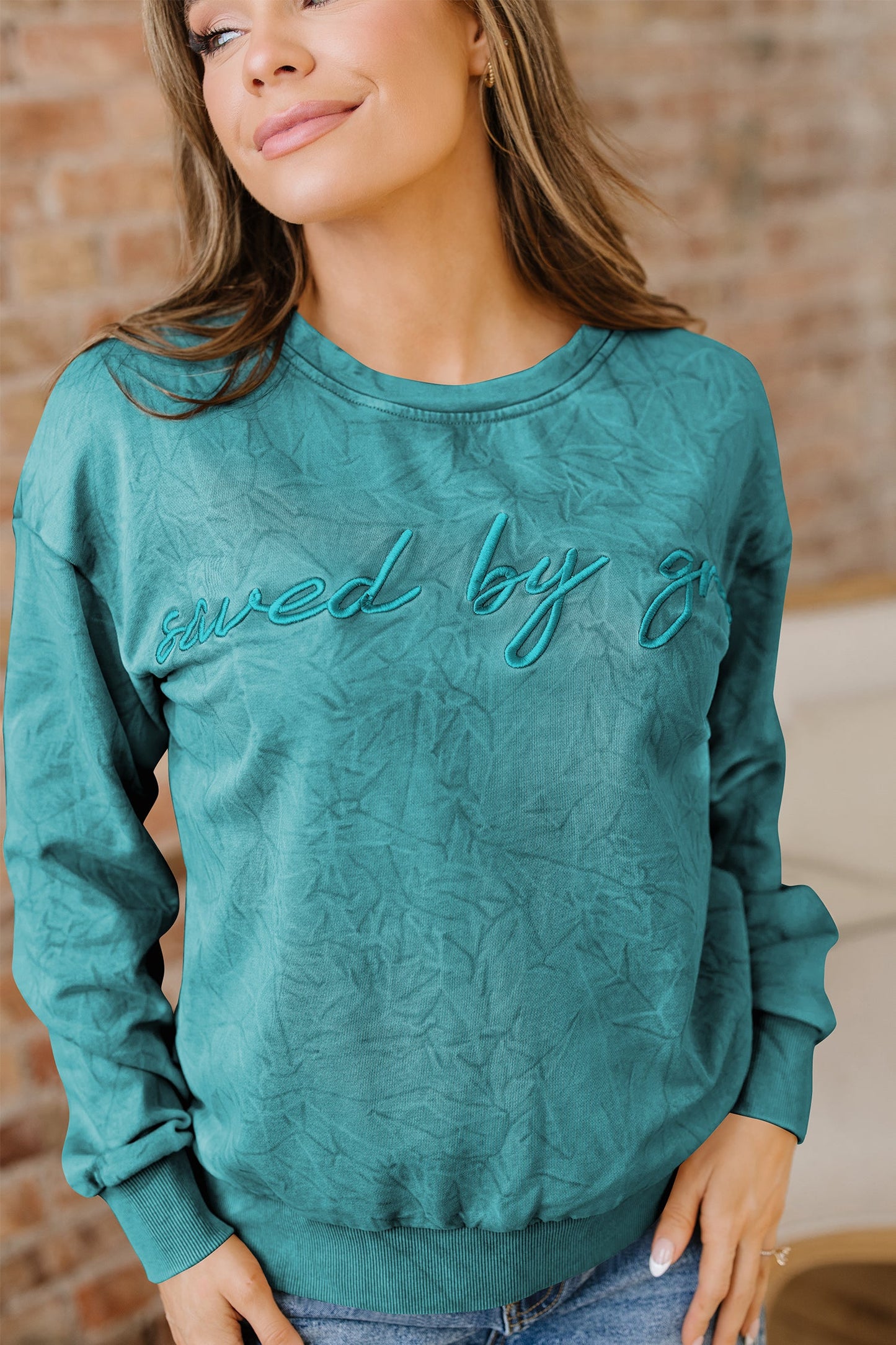 High-rise saved by grace Letter Embroidery Mineral Wash Loose Sweatshirt