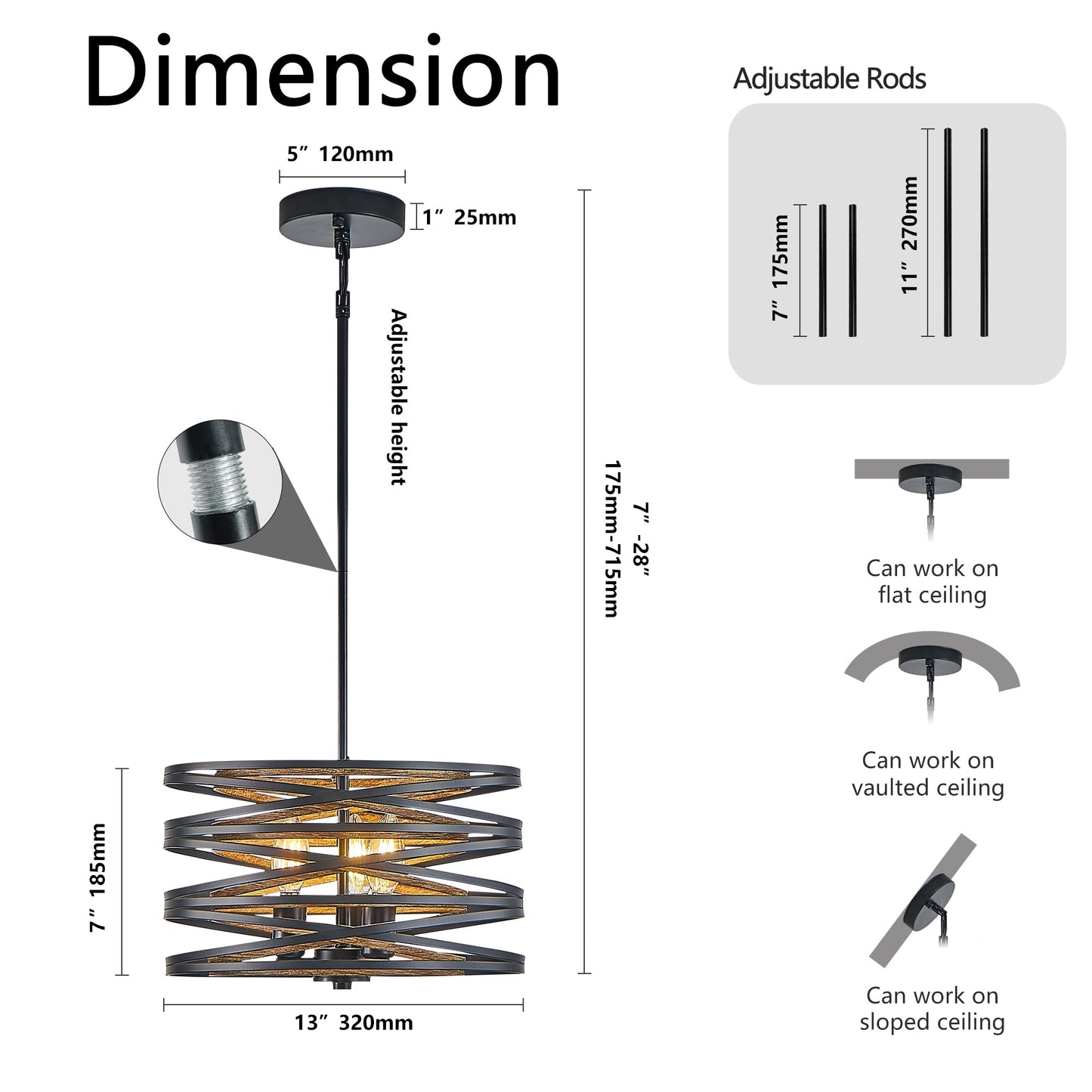 13" Rustic Industrial Pendant Light, 3-Light Black and Walnut Metal Cage Chandelier with Wood Accents