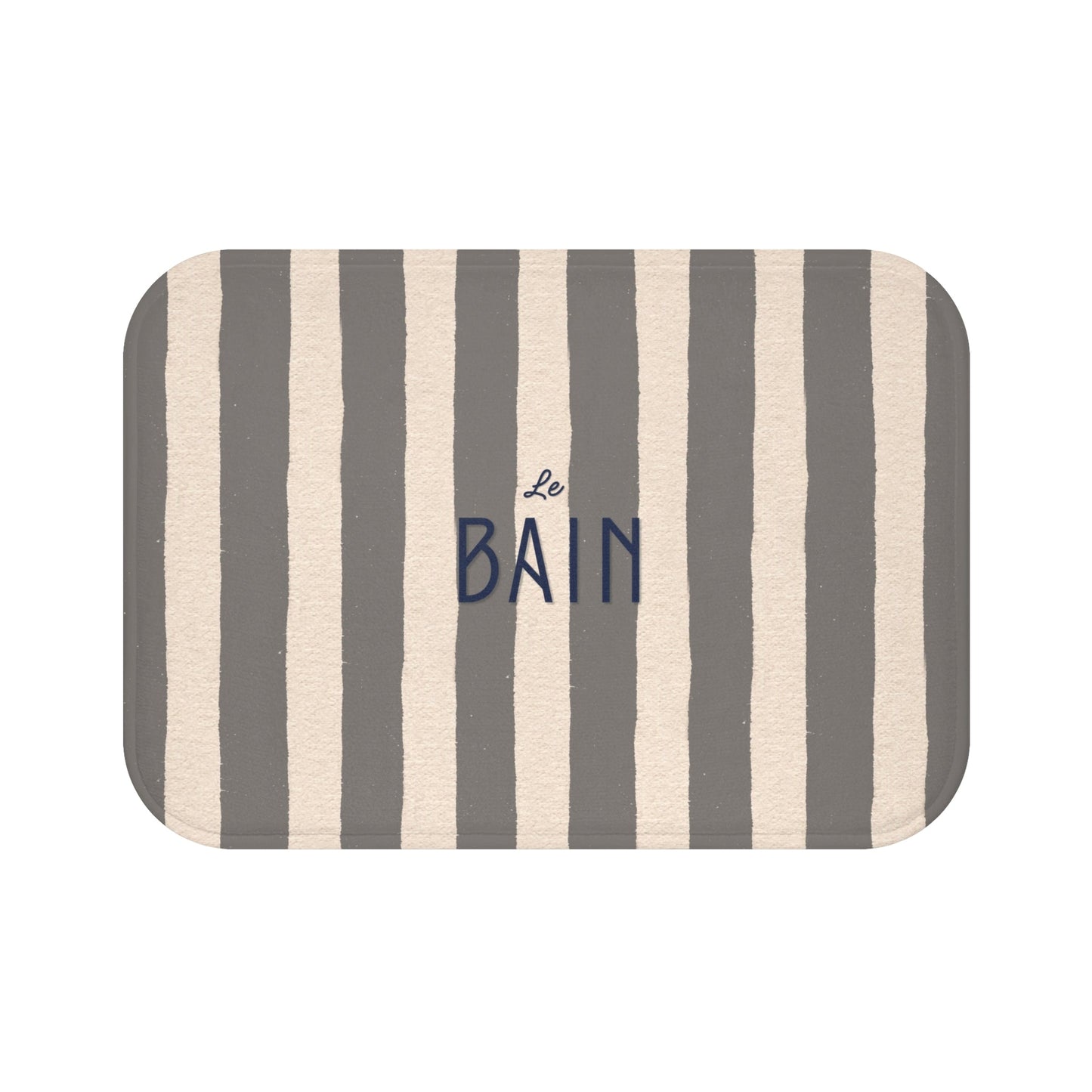 Le Bain Striped Bathroom Bath Mat — French Script, Neutral Grey & Cream