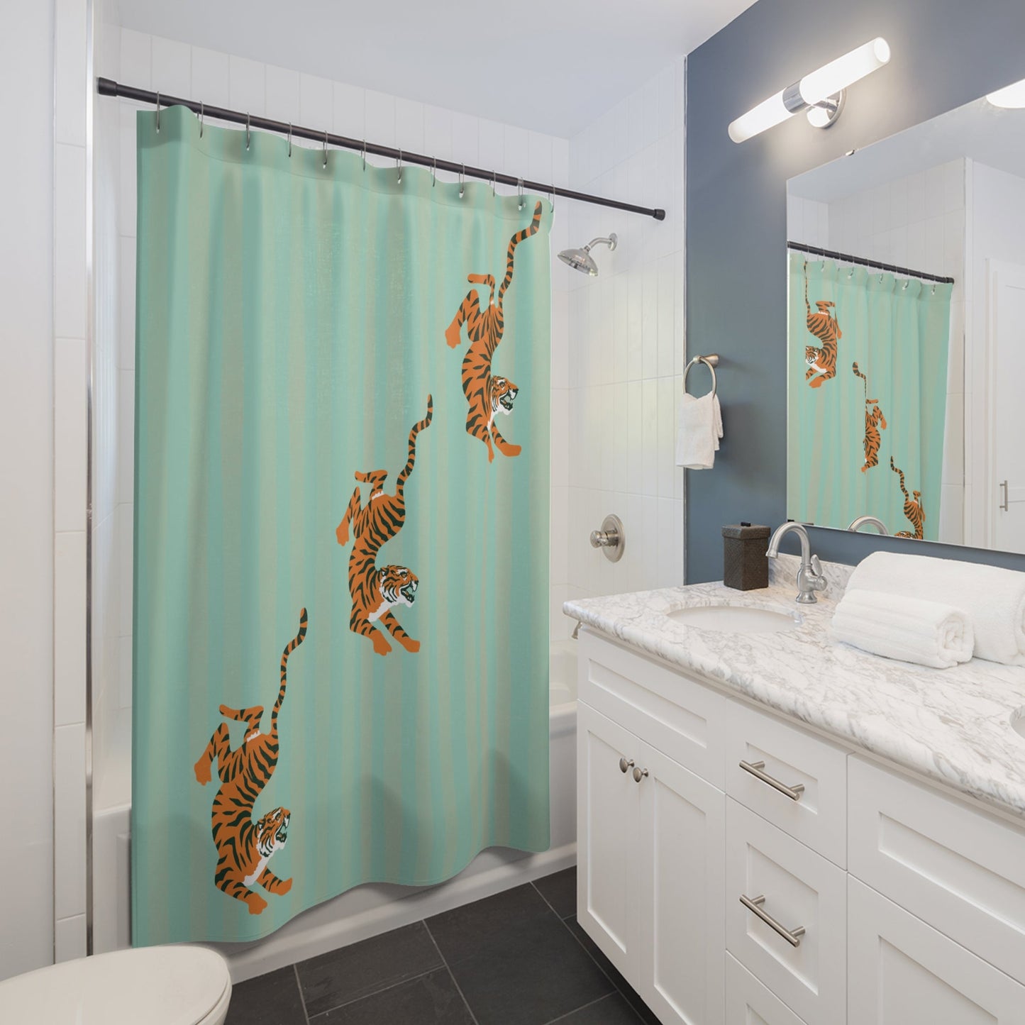 Pastel Turquoise Striped Tiger Shower Curtain — Fiercely Feminine Bathroom Decor