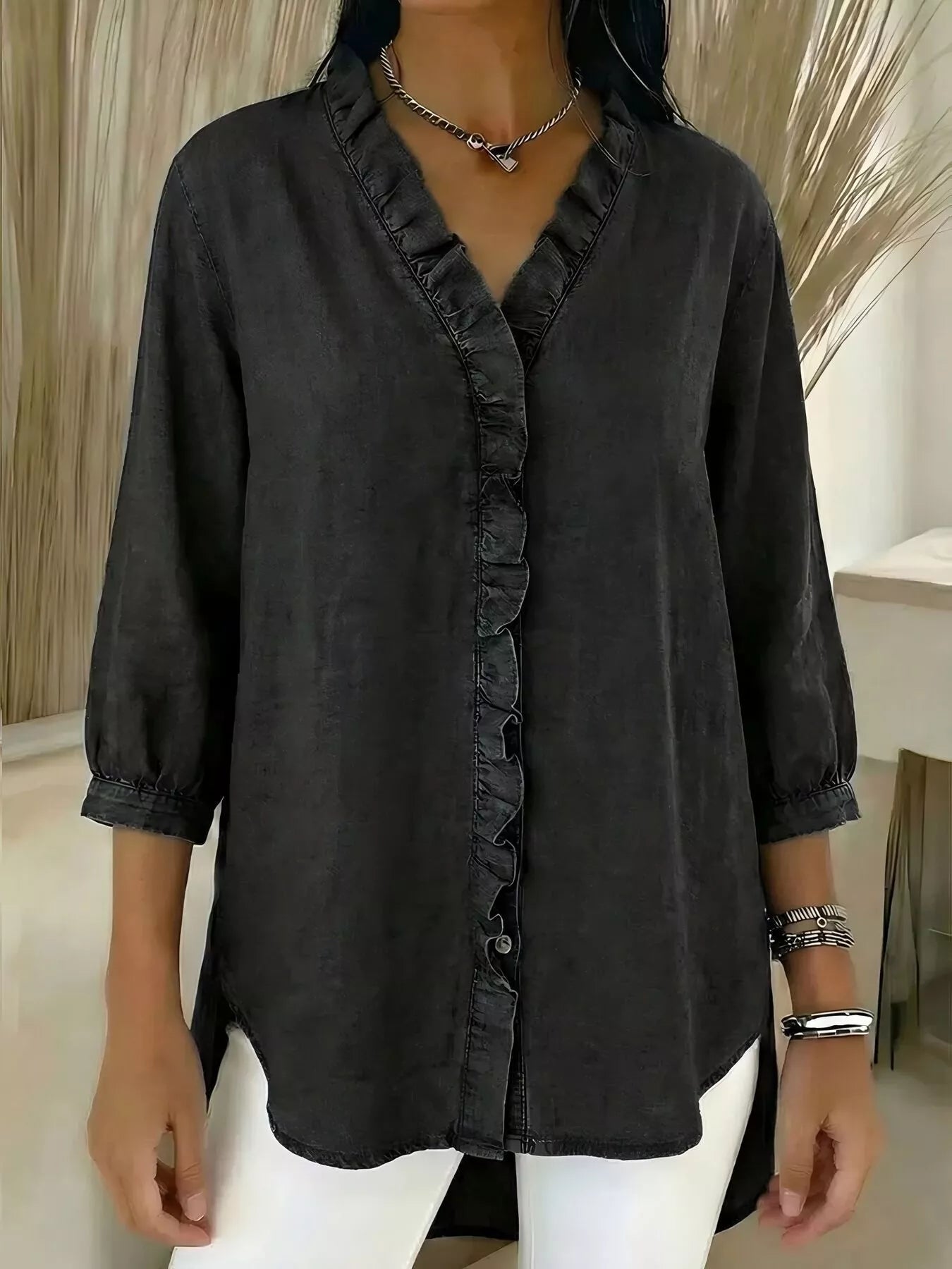 Full Size V-Neck Ruffled Button Down Shirt Plus Size