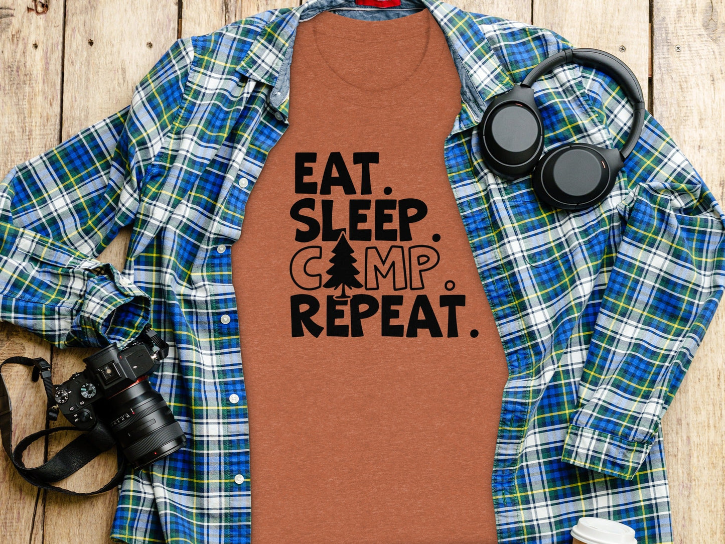 Eat Sleep Camp Repeat With Pine Tree Graphic T-Shirt