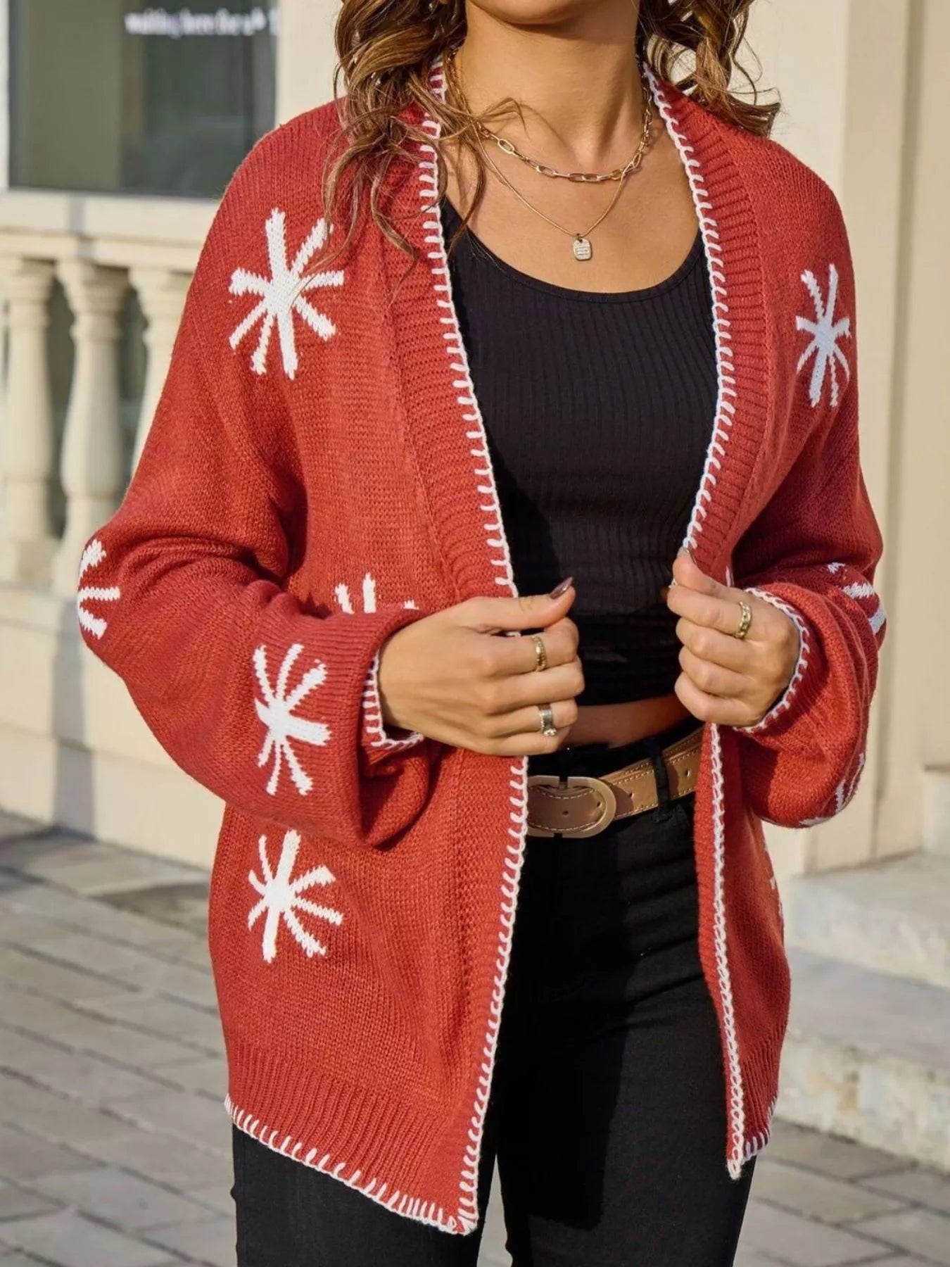 Flower Pattern Open Front Knit Cardigan