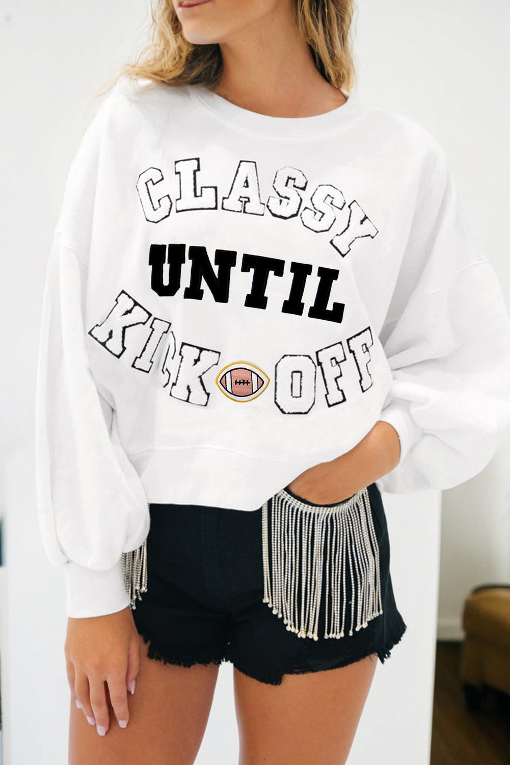 Navy Blue CLASSY UNTIL KICKOFF Plush Letter Patched Loose Sweatshirt