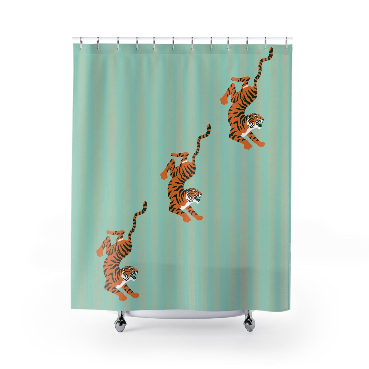 Pastel Turquoise Striped Tiger Shower Curtain — Fiercely Feminine Bathroom Decor