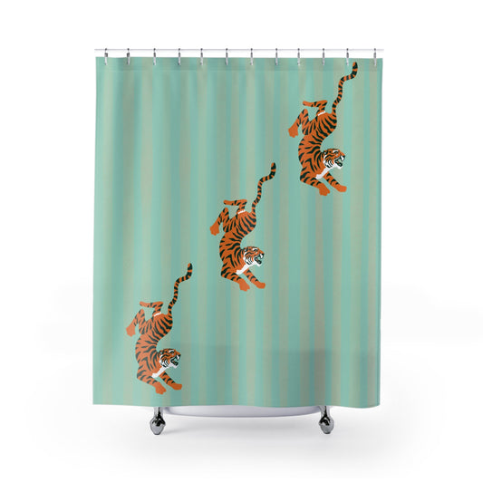 Pastel Turquoise Striped Tiger Shower Curtain — Fiercely Feminine Bathroom Decor