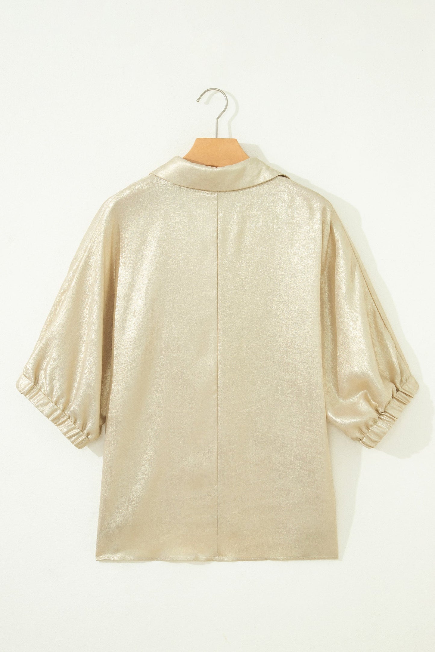 Beige Collared V Neck Half Sleeve Metallic Top