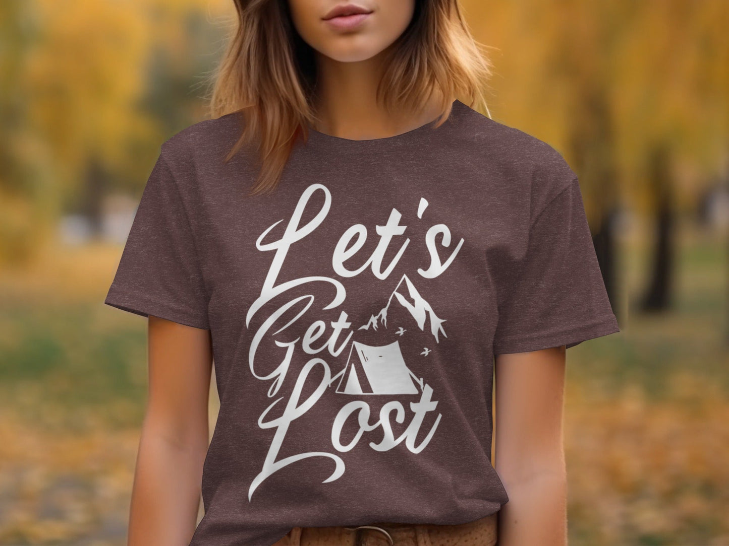 Lets Get Lost Tent and Mountain Graphic Design T-Shirt