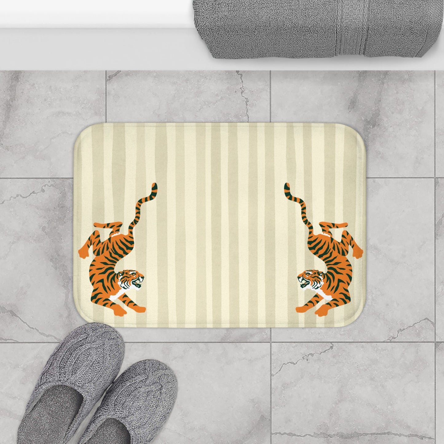 Fiercely Feminine Bath Mat - BIEGE Striped Rug with Tigers