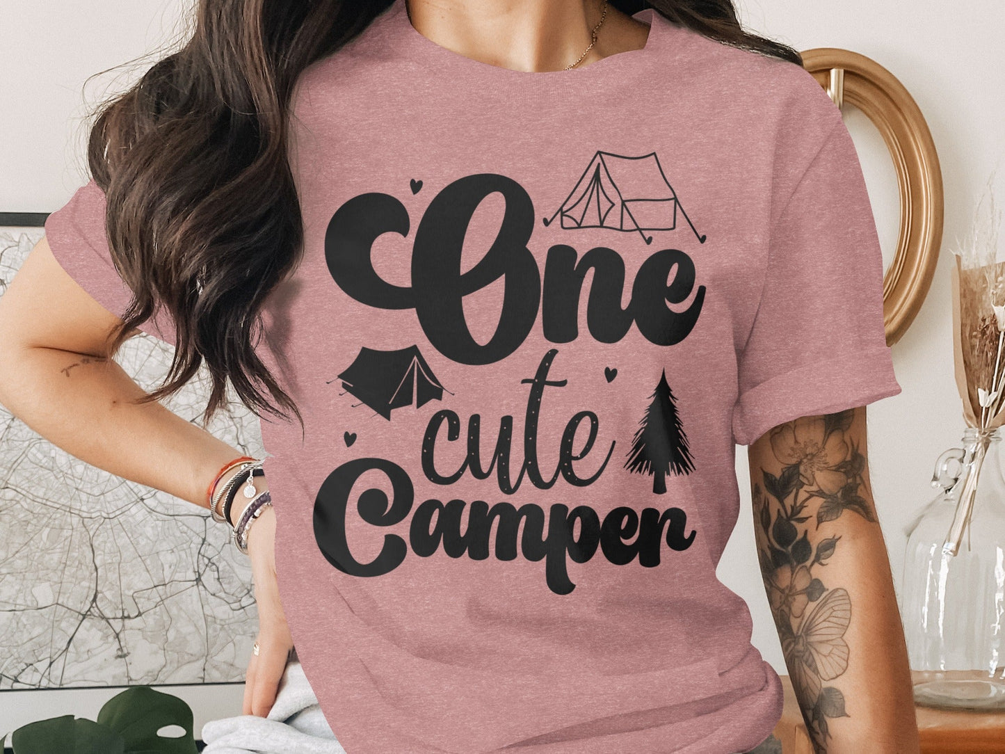 One Cute Camper Tent and Pine Tree Camping Design T-Shirt