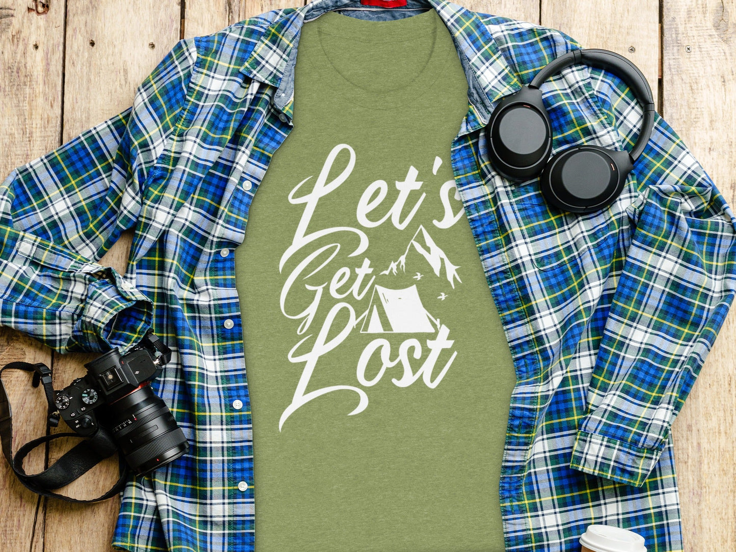 Lets Get Lost Tent and Mountain Graphic Design T-Shirt