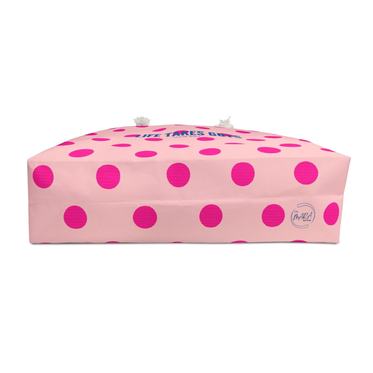 Pink Polka Dot Oversized Beach Bag — "Life Takes Guts" Lucille Ball Quote Tote
