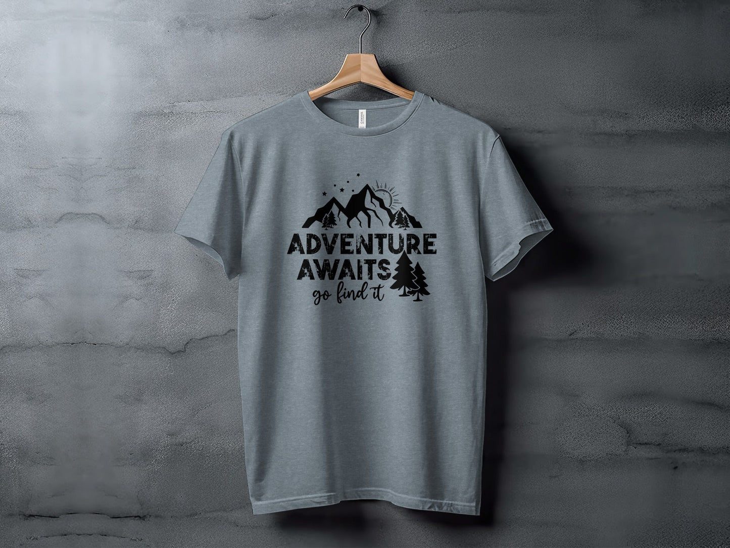 Adventure Awaits Go Find It Mountains Trees and Sun T-Shirt