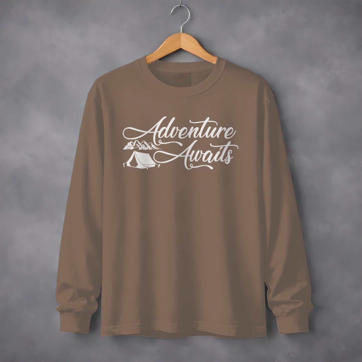 Adventure Awaits Featuring Tent and Mountains Long Sleeve T-Shirt