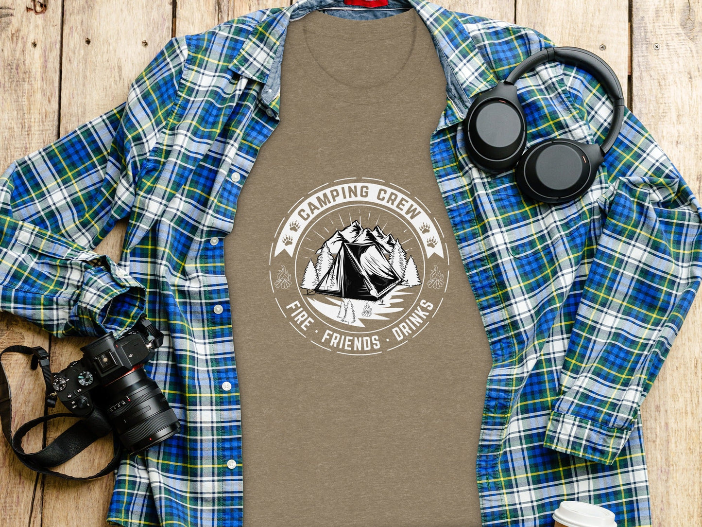 Camping Crew Friends Drinks Fire Tent Mountain Scene T-Shirt