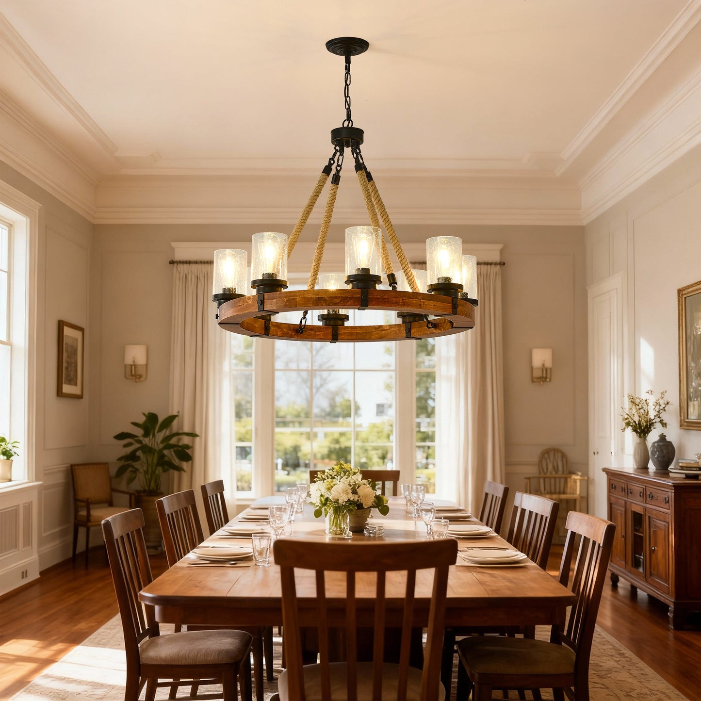 8 Light Rustic Wagon Wheel Chandelier, 31" Wooden Pendant Light with Seeded Glass Shade