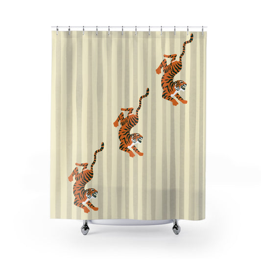 Beige Striped Tiger  Shower Curtain — Fiercely Feminine Bathroom Decor