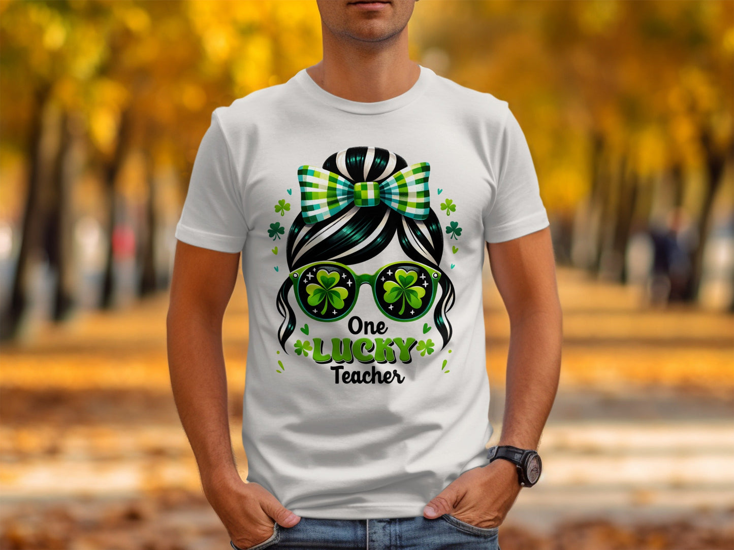 One Lucky Teacher Shamrock Sunglasses Graphic Design T-Shirt
