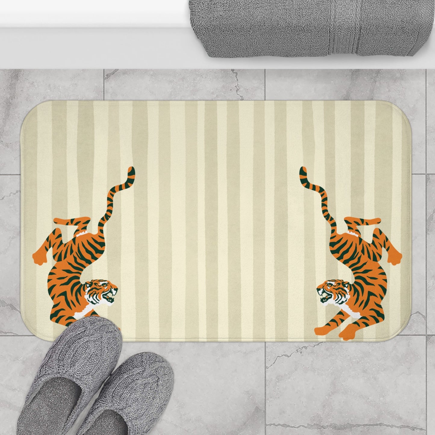 Fiercely Feminine Bath Mat - BIEGE Striped Rug with Tigers