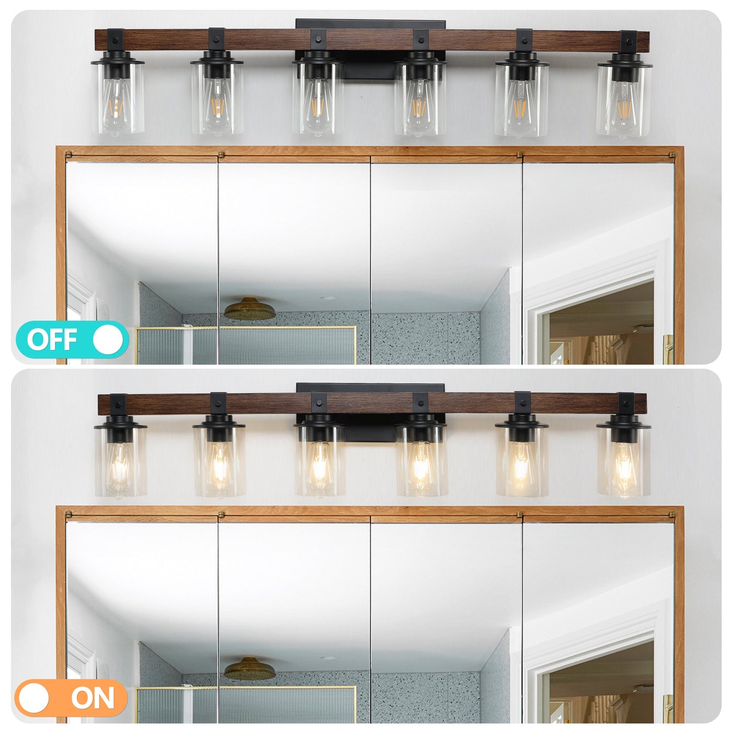 42" Rustic 6-Light Wall Sconce with Glass and Wood Accent