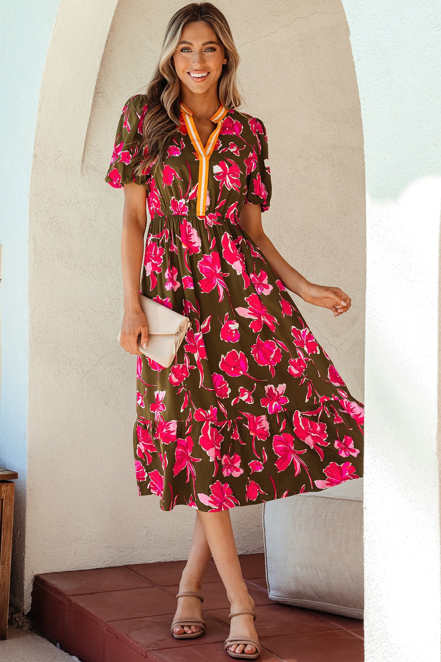 Green Floral Print Striped Trim Split Neck Short Puff Sleeve Ruffle Hem Maxi Dress