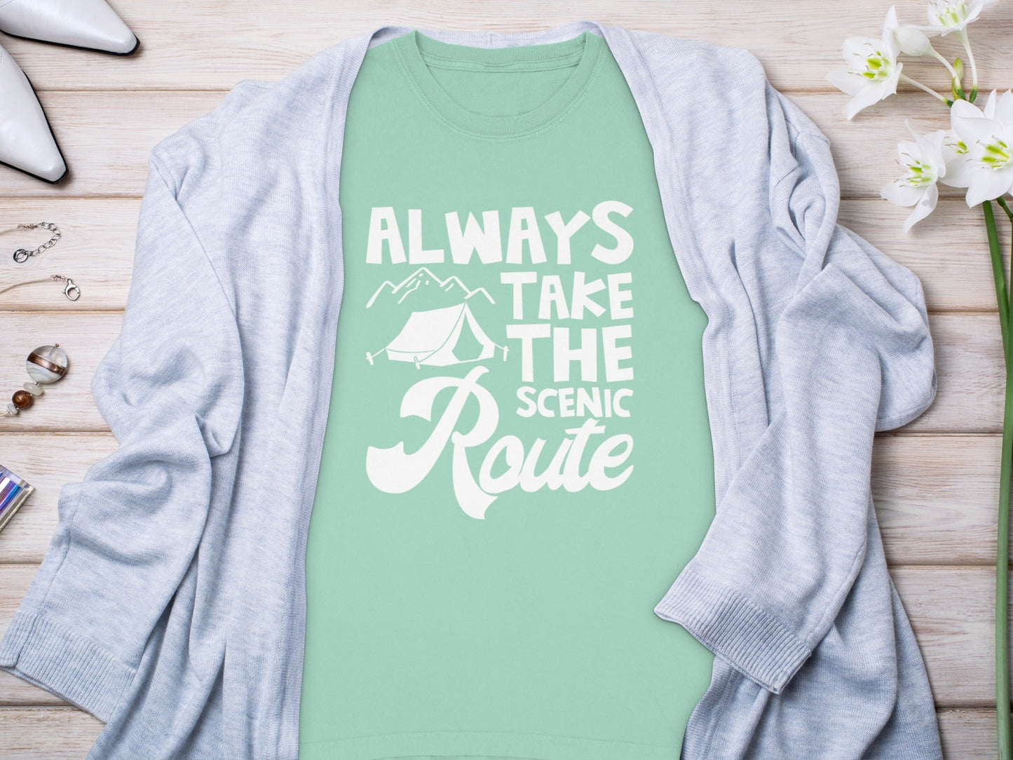 Always Take Scenic Route Camping Adventure Long Sleeve T-Shirt