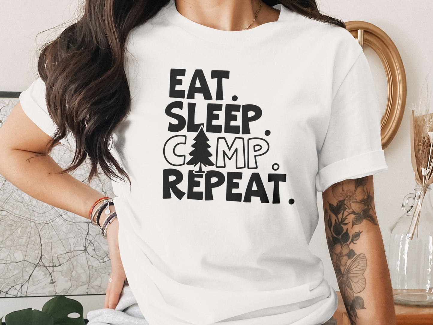 Eat Sleep Camp Repeat With Pine Tree Graphic T-Shirt