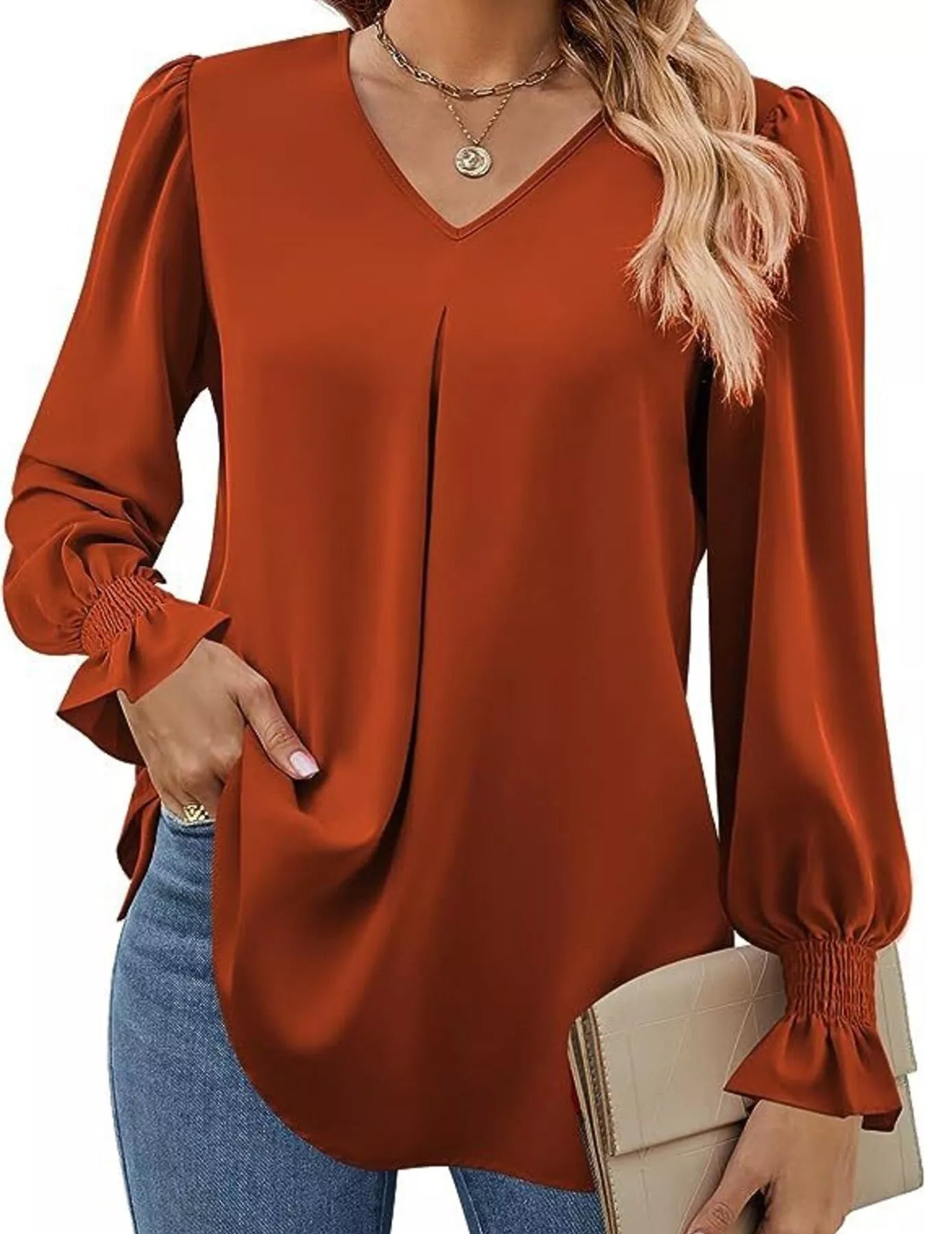 V-Neck Long Sleeve Ruffle Cuff Blouse