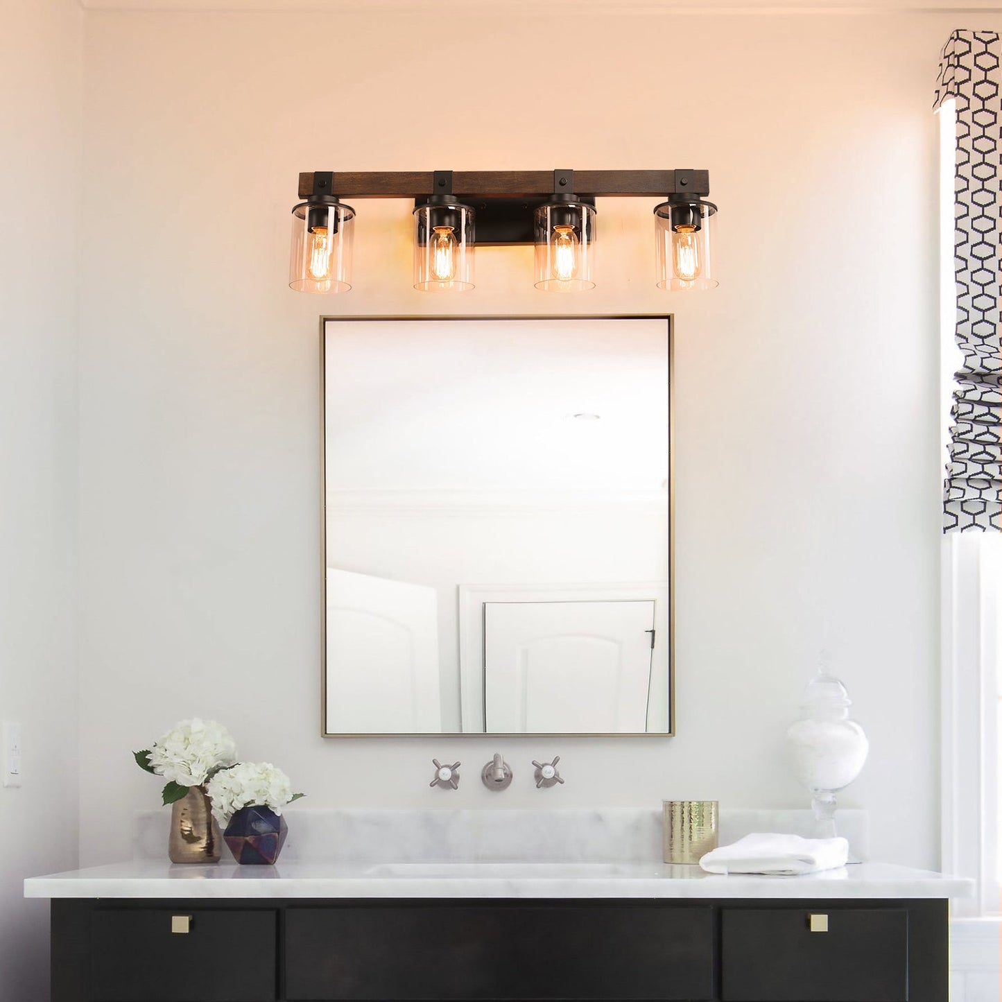27" 4-Light Modern Farmhouse Bathroom Wall Sconce with Wood Accent