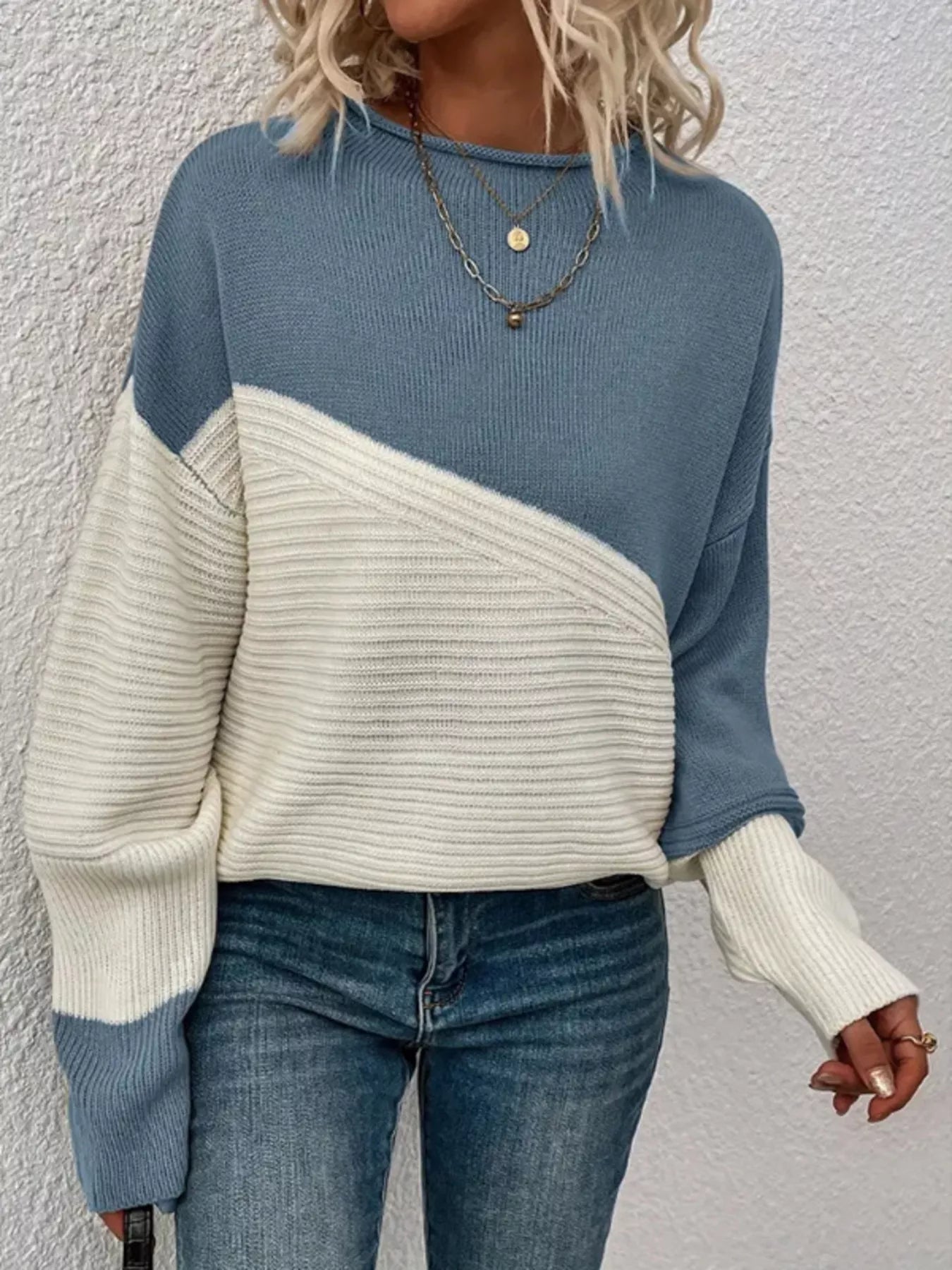 Color Block Ribbed Knit Sweater