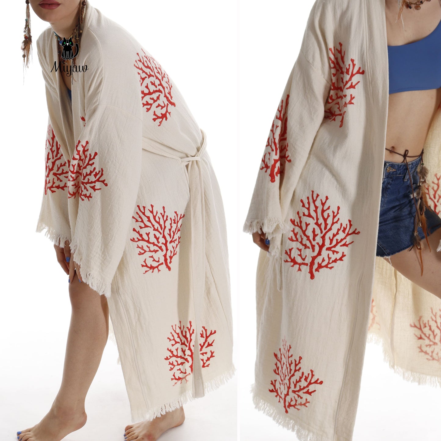 Organic Cotton Red Sea Coral Beach Kimono: Eco-Friendly Handmade Robe
