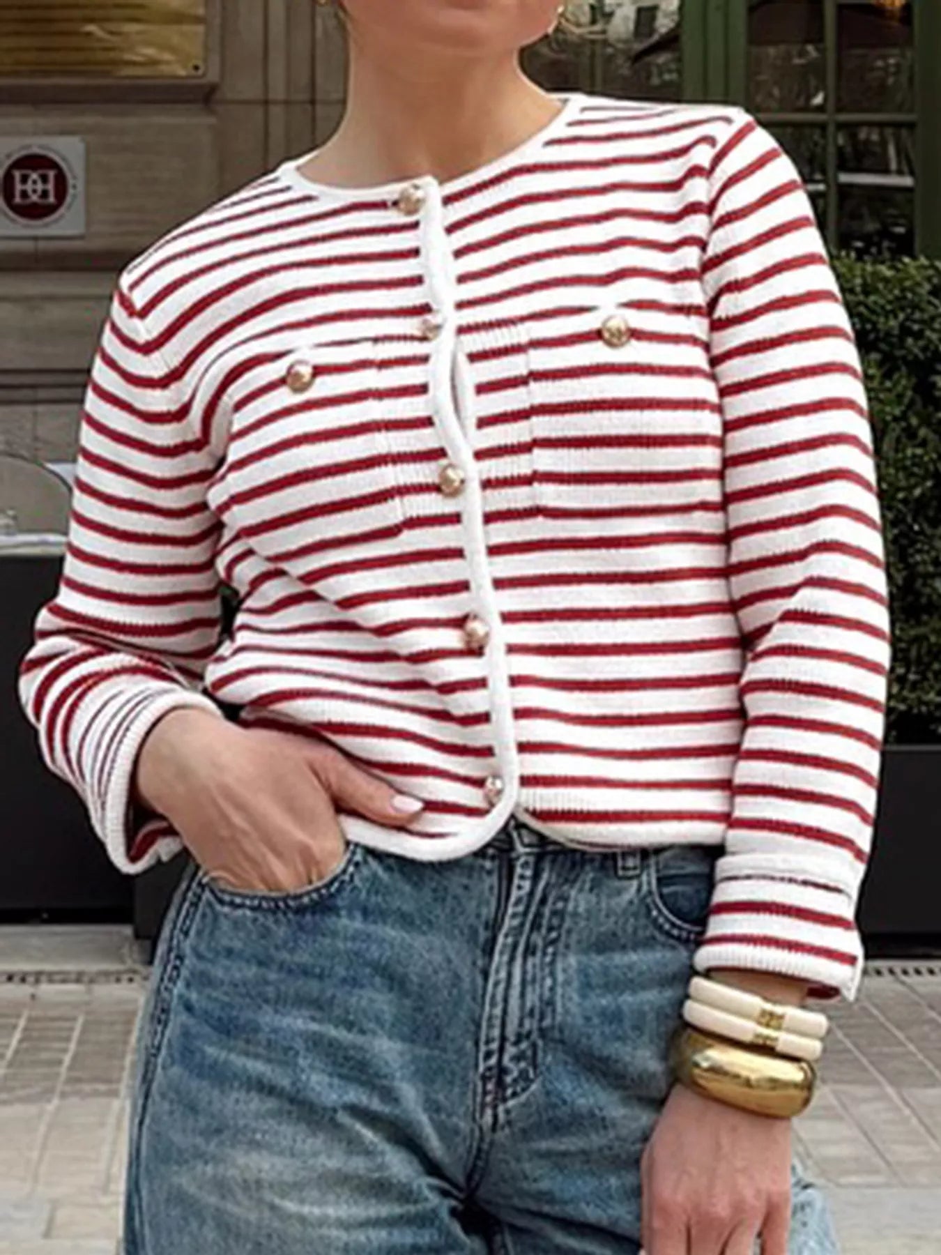 Striped Knit Button Up Cardigan