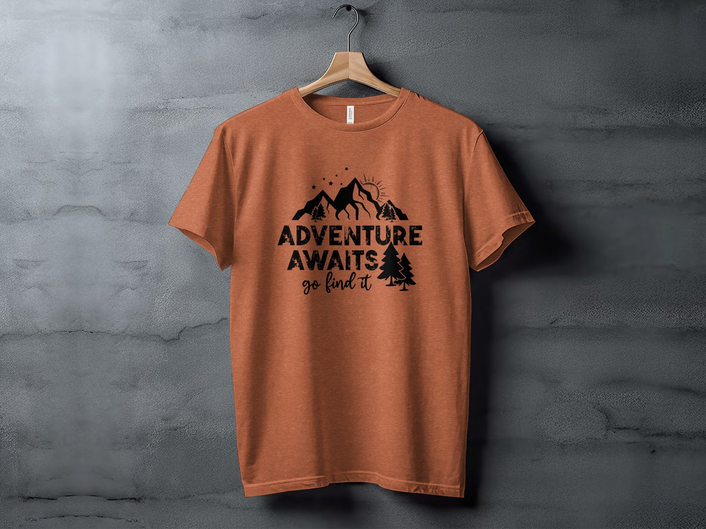 Adventure Awaits Go Find It Mountains Trees and Sun T-Shirt