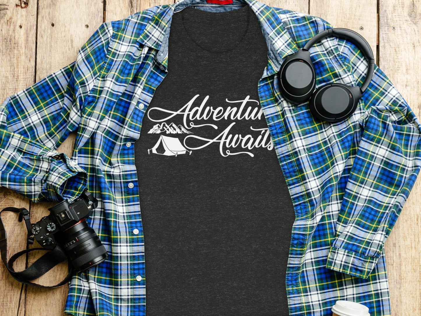 Adventure Awaits Tent Mountains Graphic Design T-Shirt