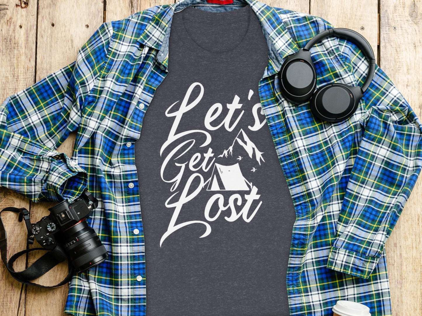 Lets Get Lost Tent and Mountain Graphic Design T-Shirt