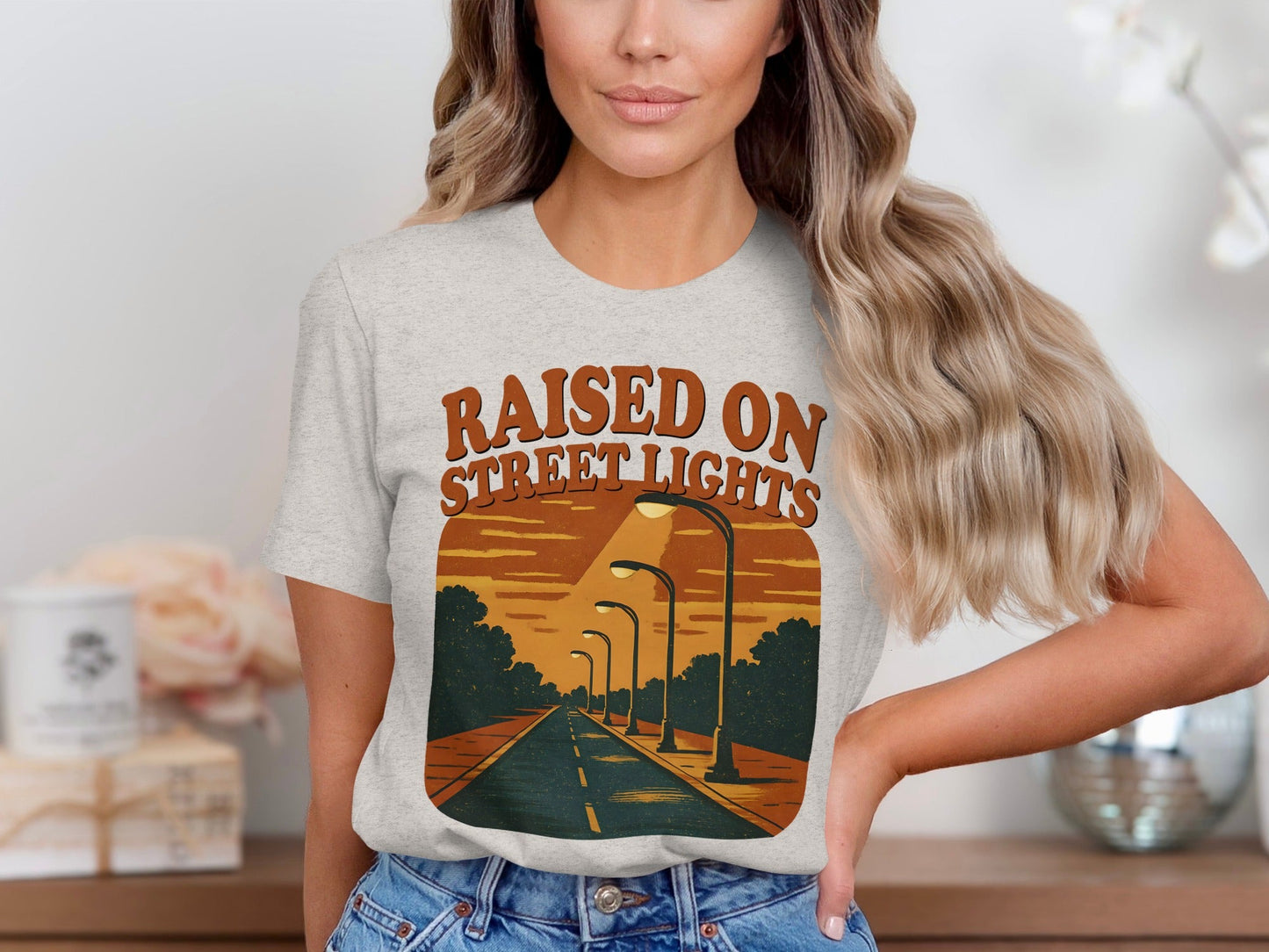 Raised On Street Lights Road Scene Graphic Design T-Shirt