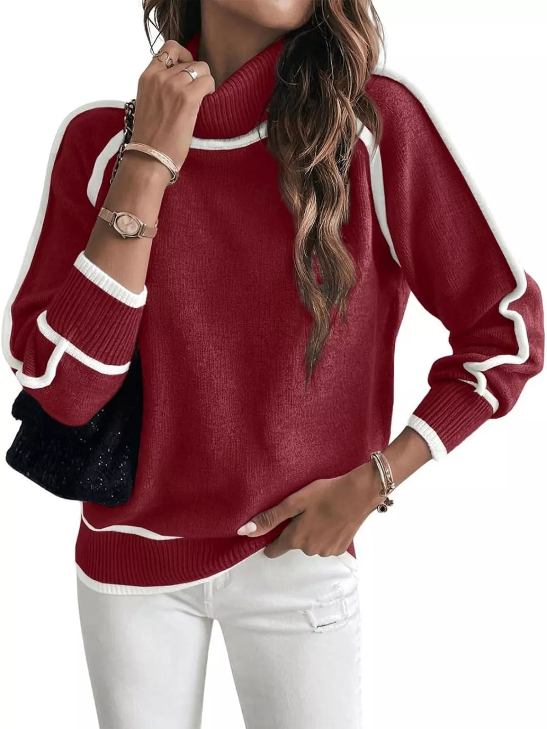 Full Size Turtleneck Contrast Trim Sweater Plus Size