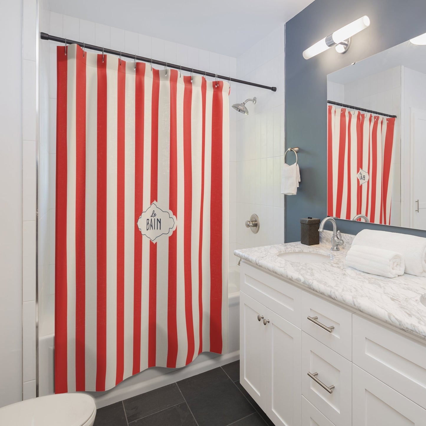 Shower Curtain — RED Striped French 'Le Bain' Bathroom Decor